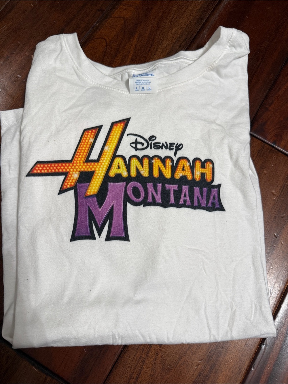 Disney White Hannah Montana Graphic Tee with Yellow & Purple Logo